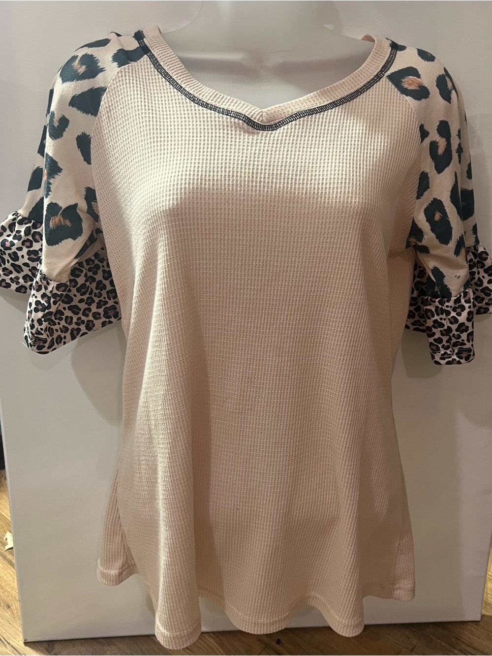 Waffle Knit Raglan Top with Leopard Sleeve Detail - Cream